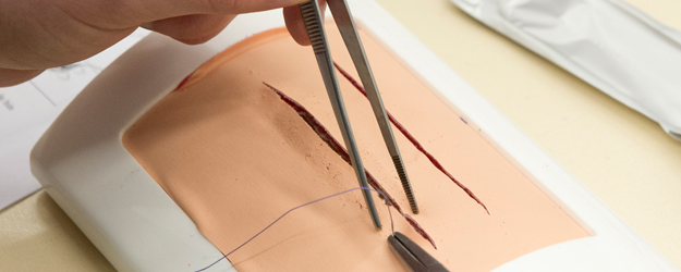 In the suturing course, students practice the skillful use of needle and thread to close a wound. (photo: Peter Pulkowski)
