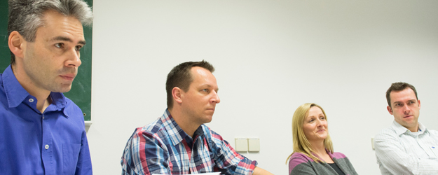 It is the intention of (fltr) Dr. Sven Horke, Dr. Christian Berger, Dr. Ana Rogulja-Ortmann, and Dr. Robin White to use the JUGGLE network to bring together junior research group leaders in the life sciences. (photo: Peter Pulkowski)